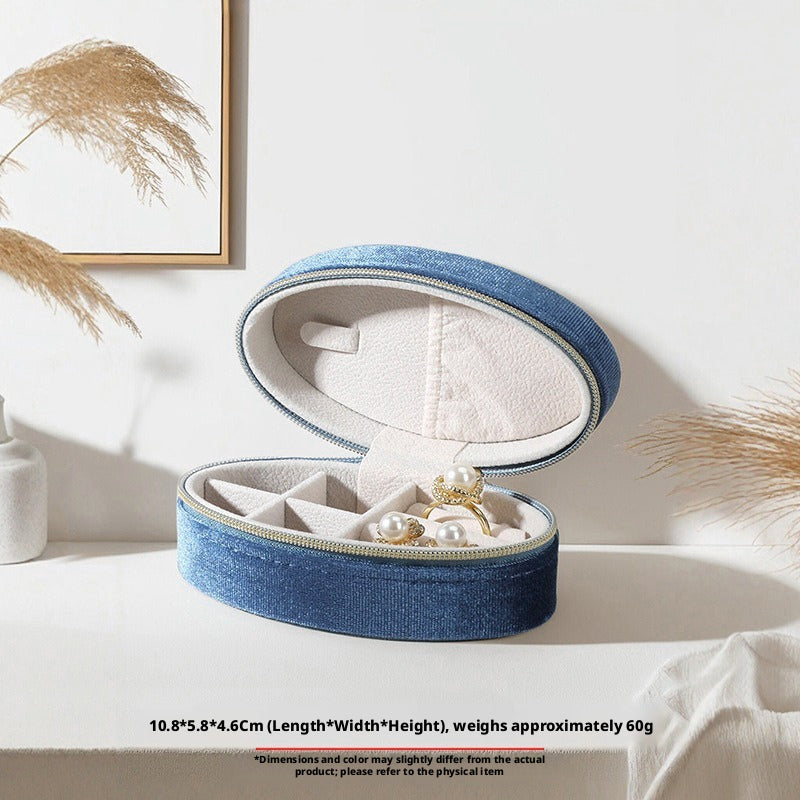 Velvet Oval Jewelry Box Zipper Travel Case – Ring Earring Organizer for Women