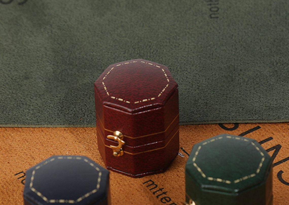Mini Octagon Ring Box, Small Single Ring Holder Case with Gold Clasp Velvet Cushion