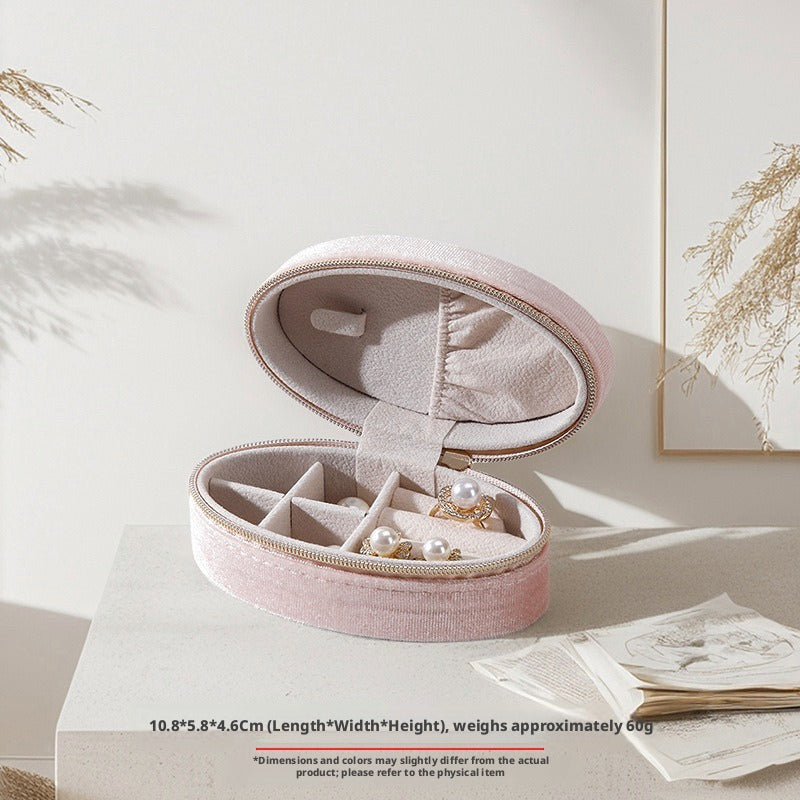 Velvet Oval Jewelry Box Zipper Travel Case – Ring Earring Organizer for Women