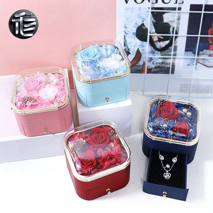 Preserved Rose Jewelry Box with Drawer – Acrylic Lid Ring Necklace Case for Her