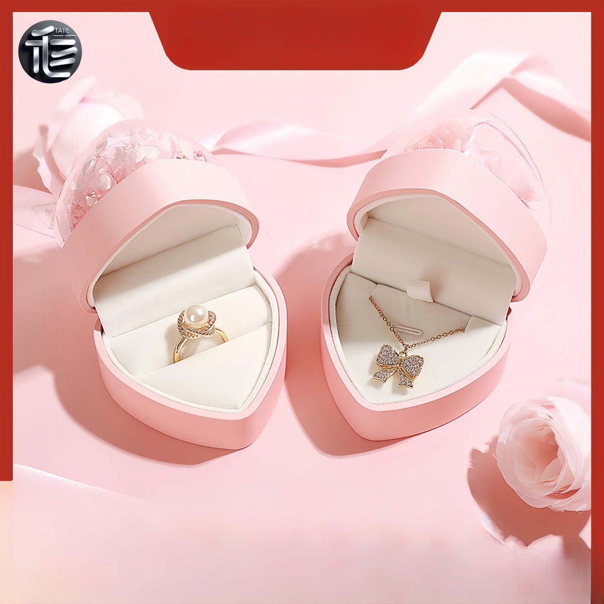 Heart Shape Jewelry Box Preserved Flower Ring Necklace Case Gift for Her Valentine Proposal Wedding