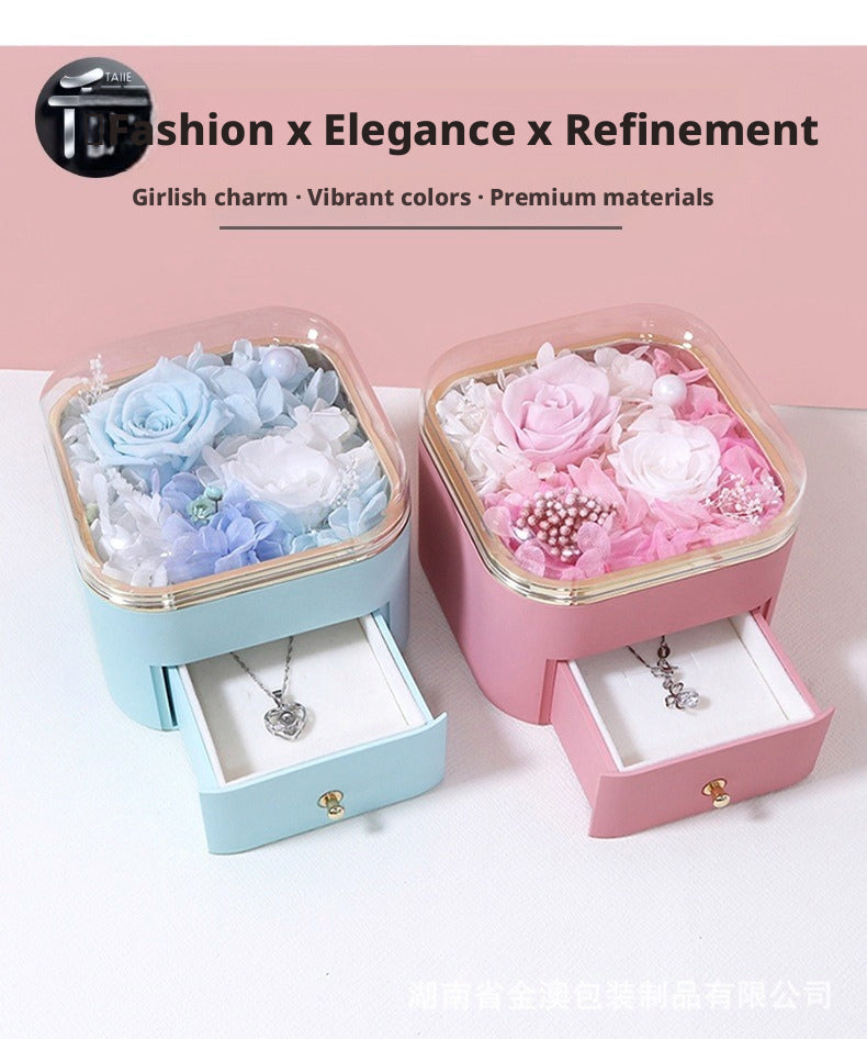Preserved Rose Jewelry Box with Drawer – Acrylic Lid Ring Necklace Case for Her