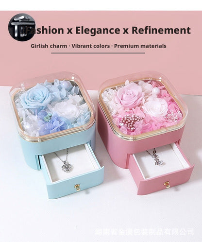 Preserved Rose Jewelry Box with Drawer – Acrylic Lid Ring Necklace Case for Her
