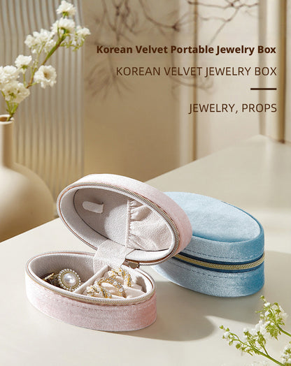 Velvet Oval Jewelry Box Zipper Travel Case – Ring Earring Organizer for Women