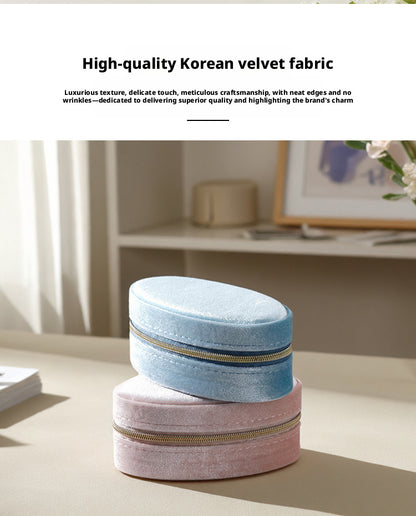 Velvet Oval Jewelry Box Zipper Travel Case – Ring Earring Organizer for Women