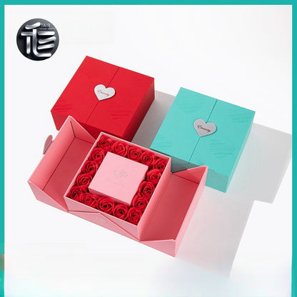 Preserved Rose Gift Box 16 Red Roses Double Door Jewelry Holder w/ Gift Bag for Her