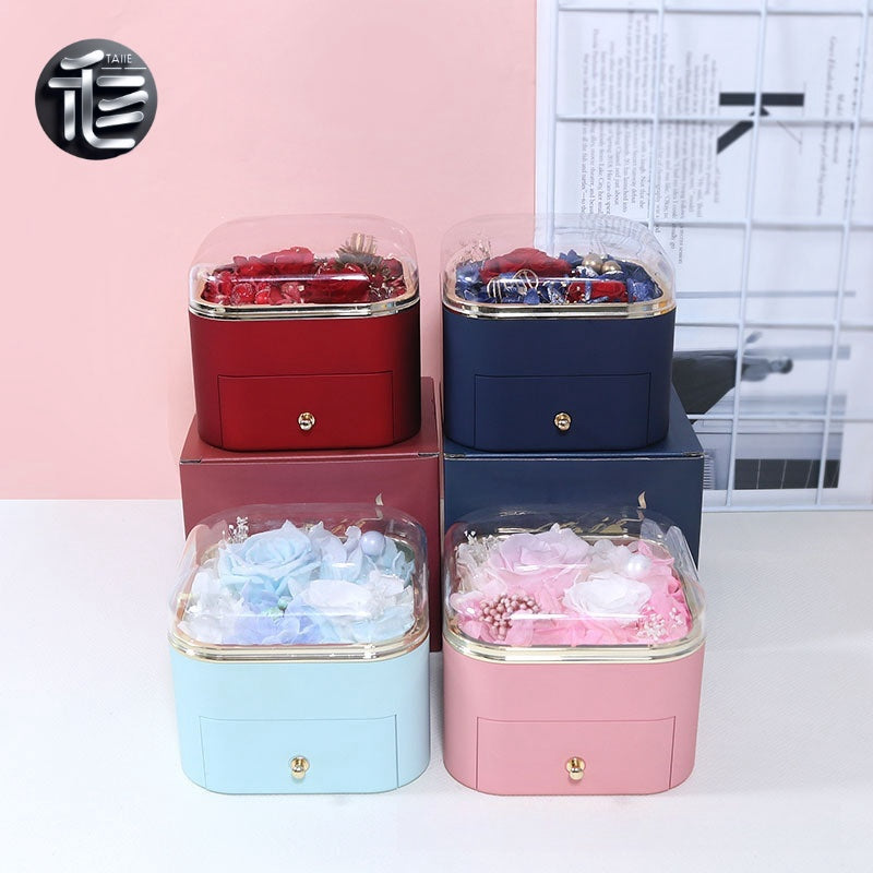 Preserved Rose Jewelry Box with Drawer – Acrylic Lid Ring Necklace Case for Her