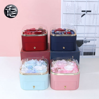 Preserved Rose Jewelry Box with Drawer – Acrylic Lid Ring Necklace Case for Her