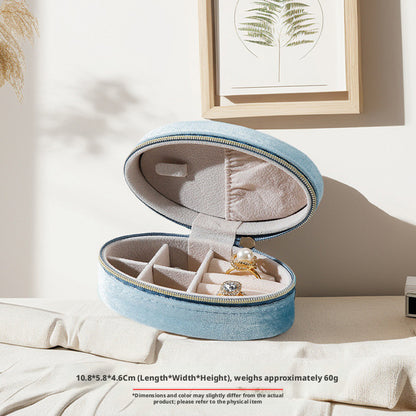 Velvet Oval Jewelry Box Zipper Travel Case – Ring Earring Organizer for Women