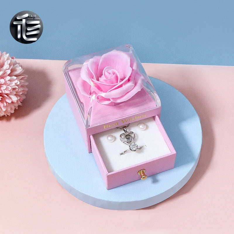 Rose Flower Jewelry Box with Drawer – Transparent Lid Ring Necklace Case for Valentine's Day Gift