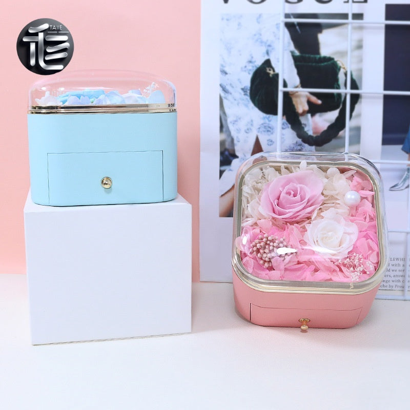 Preserved Rose Jewelry Box with Drawer – Acrylic Lid Ring Necklace Case for Her