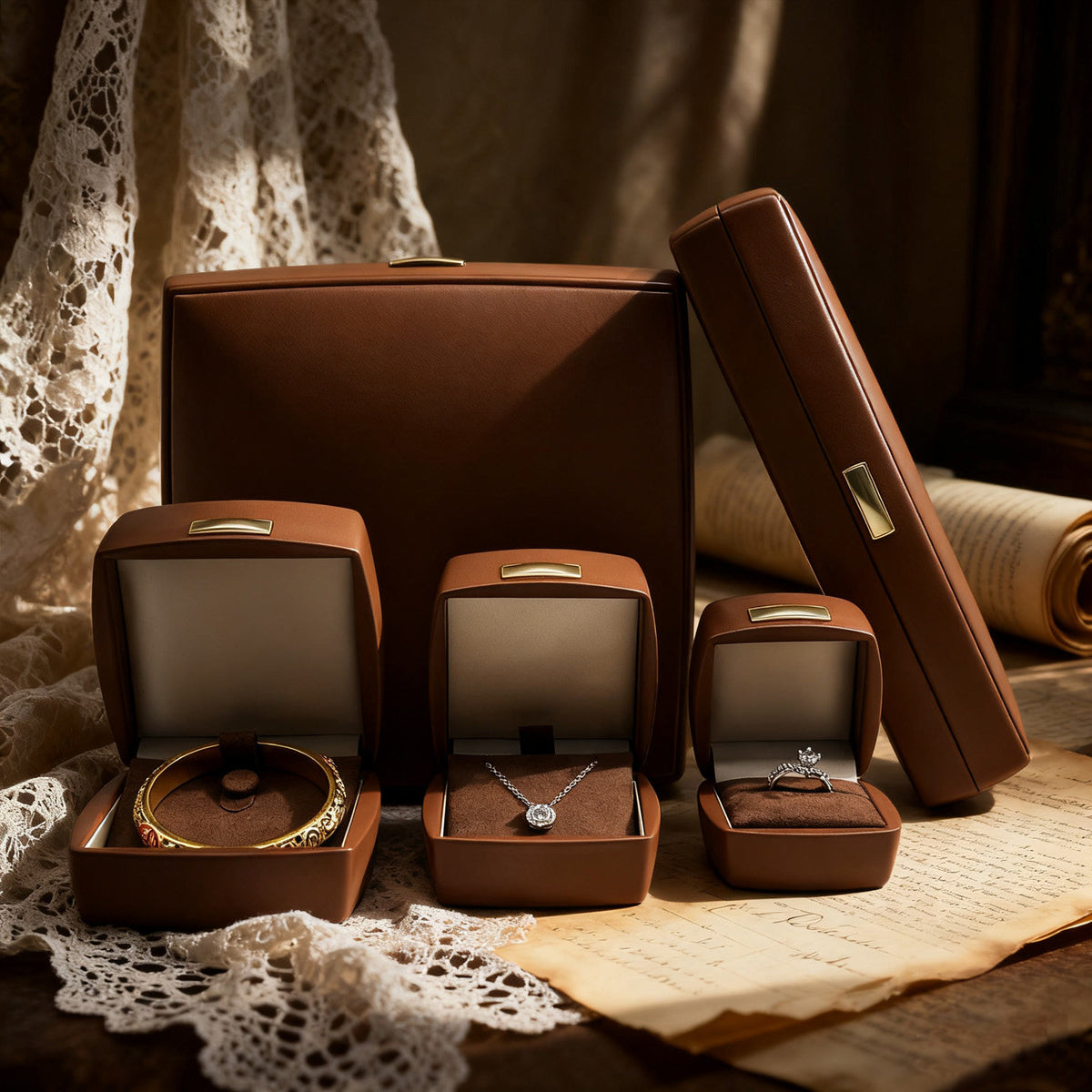 5pcs PU Leather Jewelry Box Set Gold Accent – Ring Necklace Bracelet Gift Case