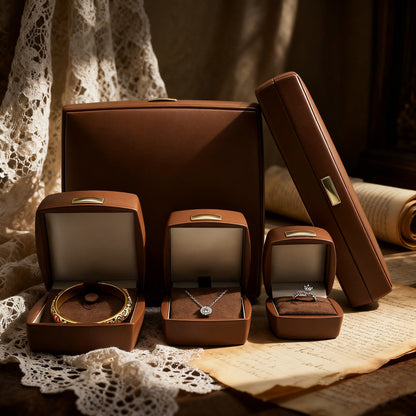 5pcs PU Leather Jewelry Box Set Gold Accent – Ring Necklace Bracelet Gift Case