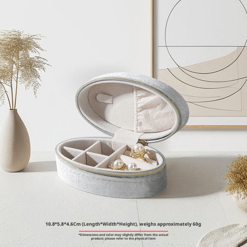 Velvet Oval Jewelry Box Zipper Travel Case – Ring Earring Organizer for Women