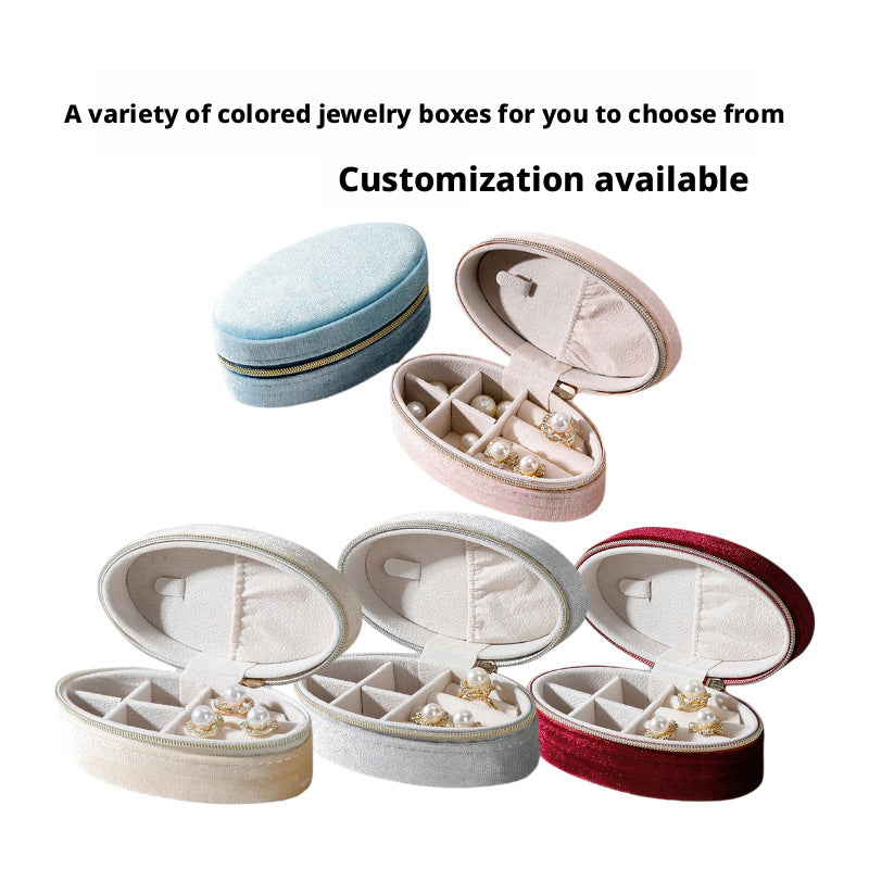 Velvet Oval Jewelry Box Zipper Travel Case – Ring Earring Organizer for Women