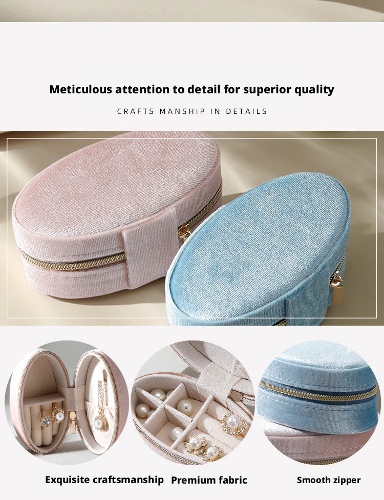 Velvet Oval Jewelry Box Zipper Travel Case – Ring Earring Organizer for Women