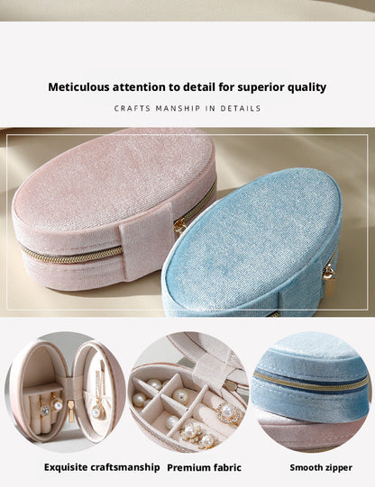 Velvet Oval Jewelry Box Zipper Travel Case – Ring Earring Organizer for Women