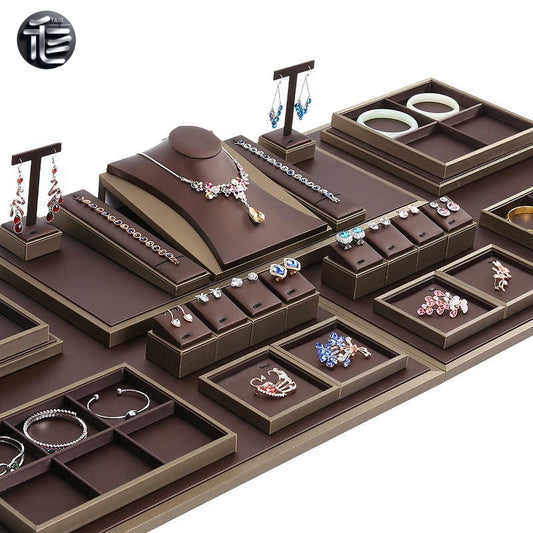 Brown Faux Leather Jewelry Display Set with Necklace Stand for Vendors