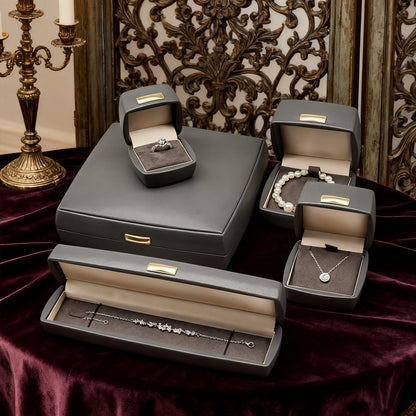 5pcs PU Leather Jewelry Box Set Gold Accent – Ring Necklace Bracelet Gift Case