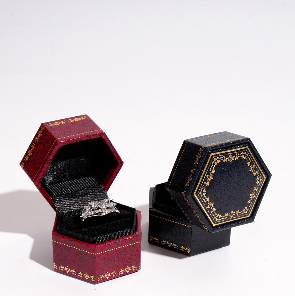 Hexagon Ring Box Gold Trim – Engagement Proposal Ring Case for Her