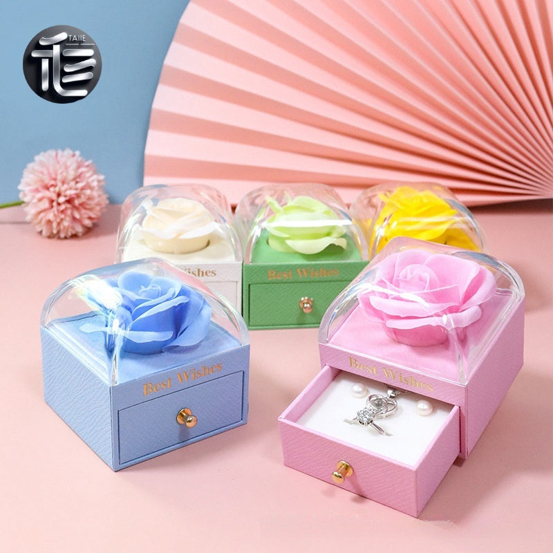 Rose Flower Jewelry Box with Drawer – Transparent Lid Ring Necklace Case for Valentine's Day Gift