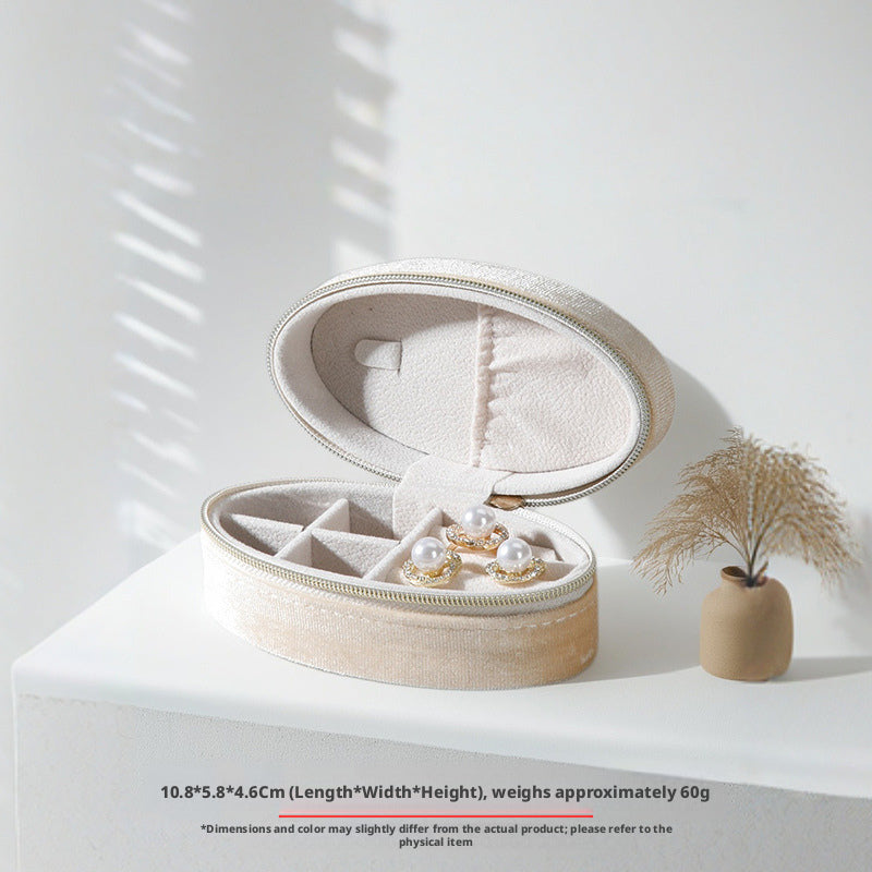 Velvet Oval Jewelry Box Zipper Travel Case – Ring Earring Organizer for Women