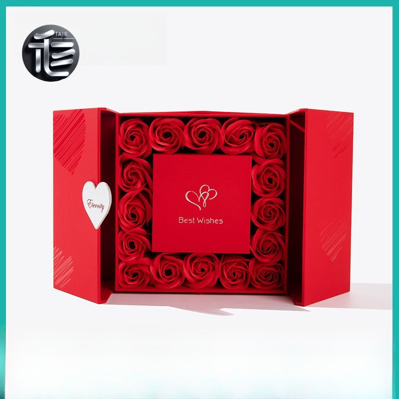 Preserved Rose Gift Box 16 Red Roses Double Door Jewelry Holder w/ Gift Bag for Her