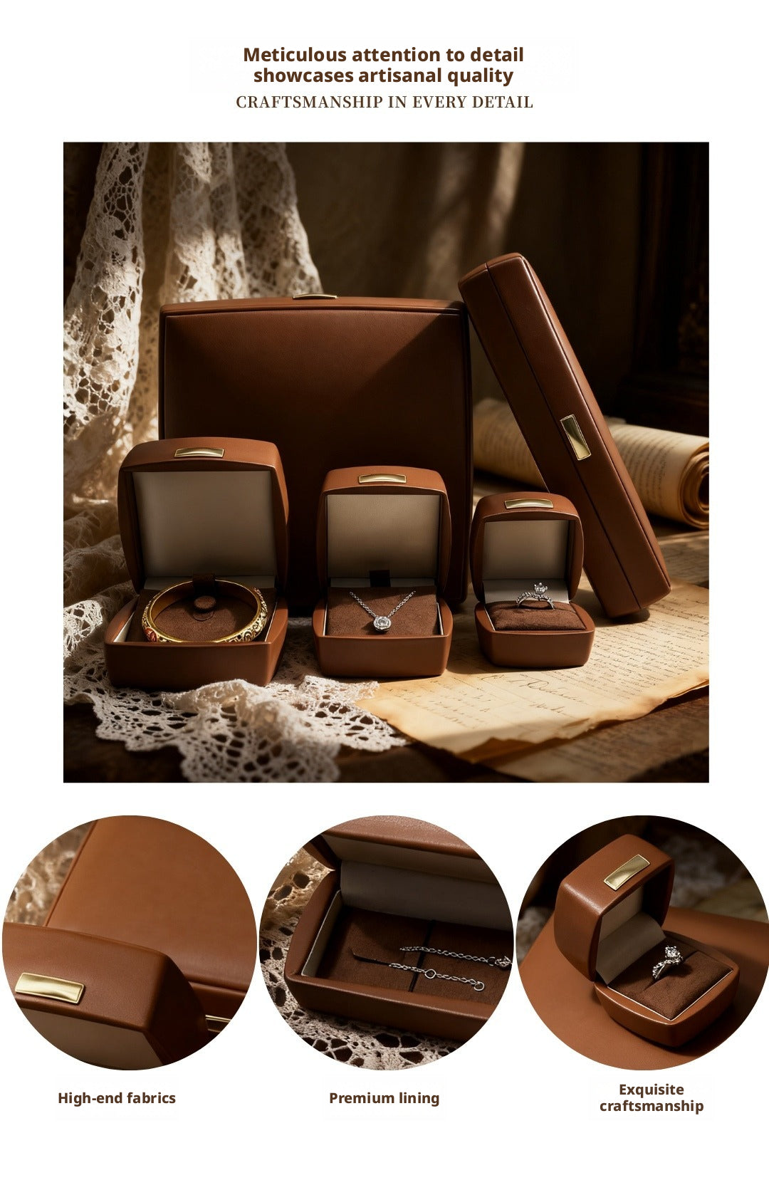 5pcs PU Leather Jewelry Box Set Gold Accent – Ring Necklace Bracelet Gift Case