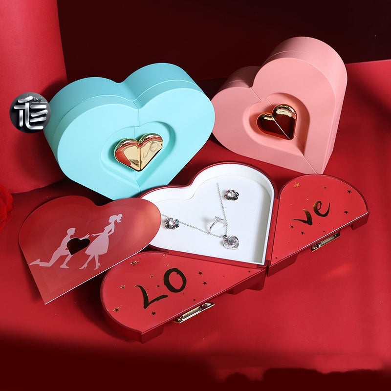 Heart Shaped Jewelry Box Double Open Gift Box with Rose & Gold Clasp for Valentine's Day
