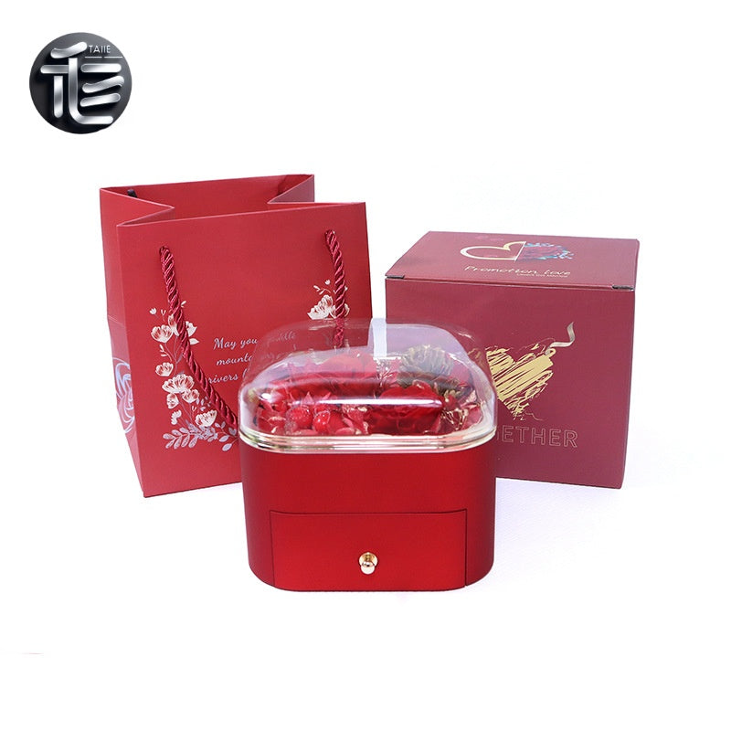 Preserved Rose Jewelry Box with Drawer – Acrylic Lid Ring Necklace Case for Her
