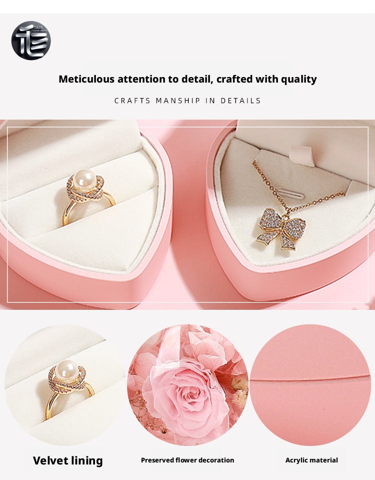 Heart Shape Jewelry Box Preserved Flower Ring Necklace Case Gift for Her Valentine Proposal Wedding