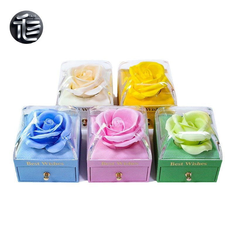 Rose Flower Jewelry Box with Drawer – Transparent Lid Ring Necklace Case for Valentine's Day Gift