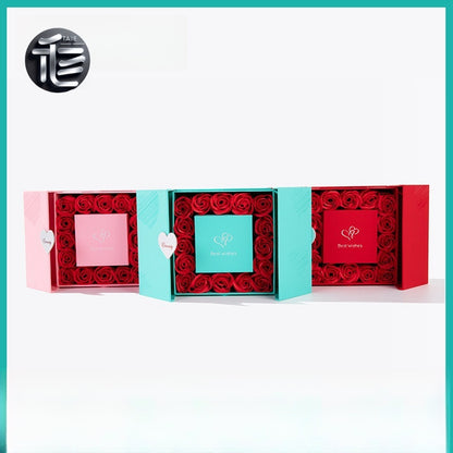 Preserved Rose Gift Box 16 Red Roses Double Door Jewelry Holder w/ Gift Bag for Her