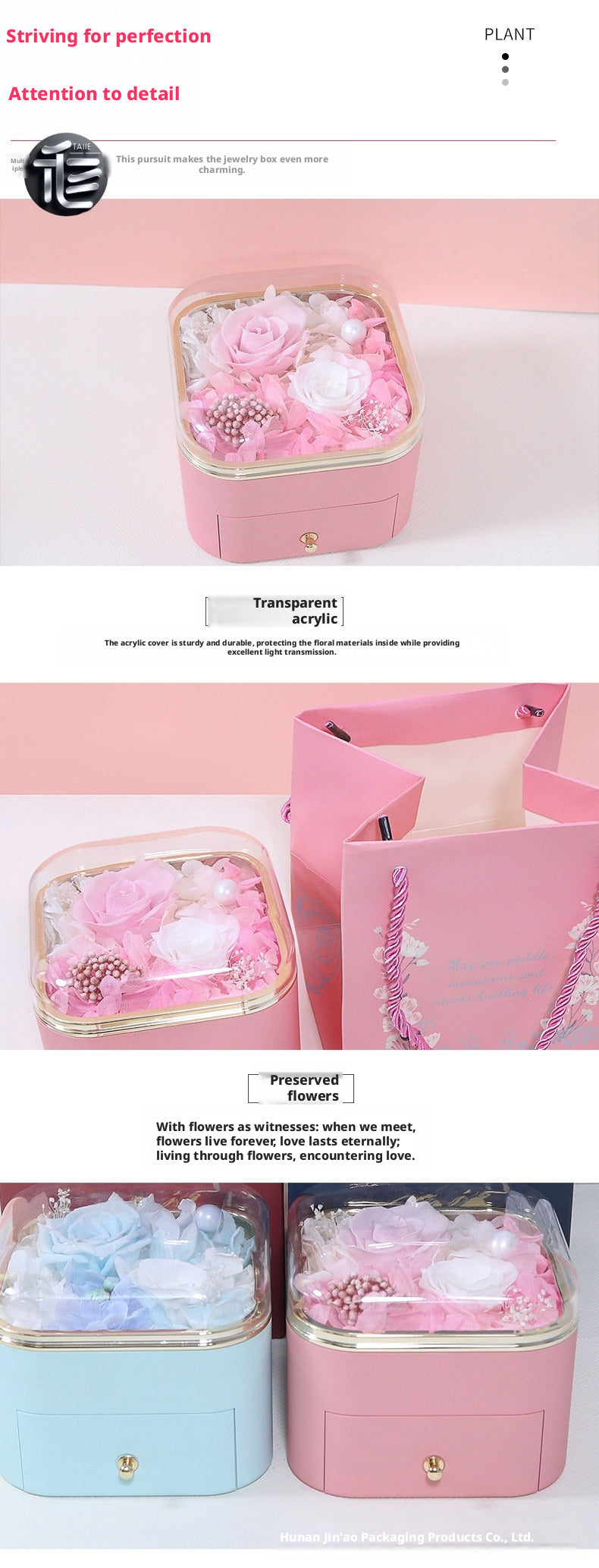 Preserved Rose Jewelry Box with Drawer – Acrylic Lid Ring Necklace Case for Her