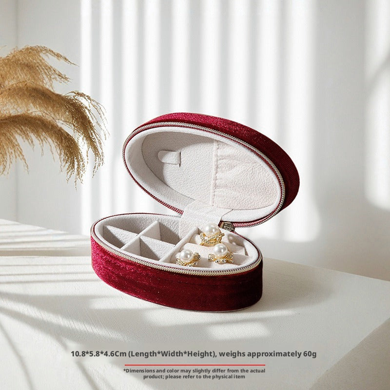 Velvet Oval Jewelry Box Zipper Travel Case – Ring Earring Organizer for Women