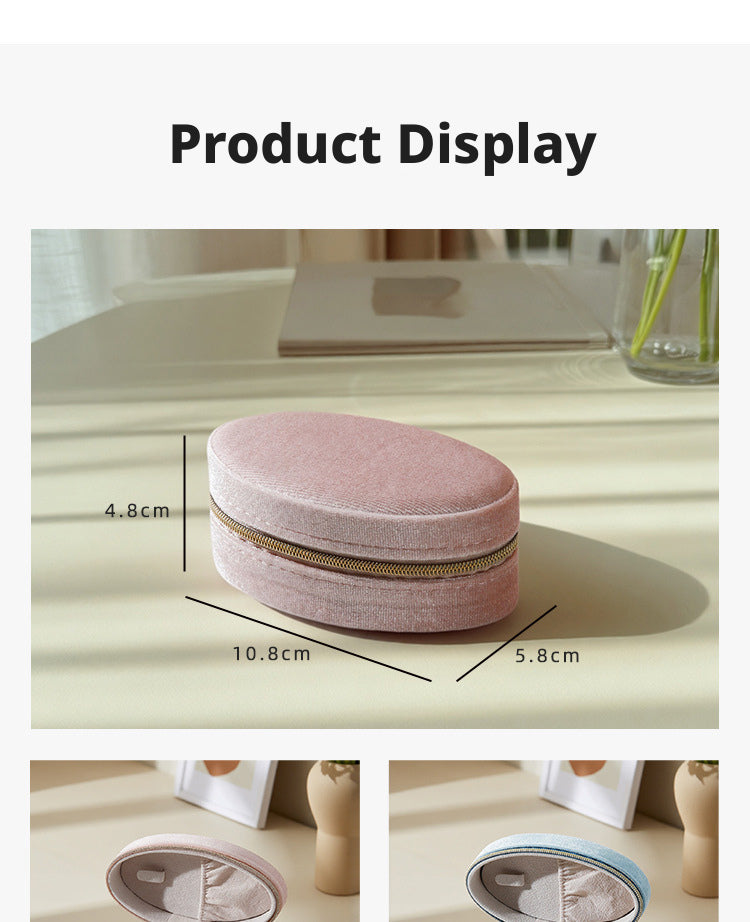 Velvet Oval Jewelry Box Zipper Travel Case – Ring Earring Organizer for Women