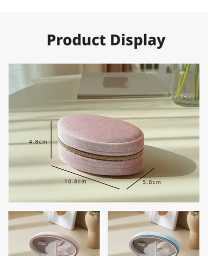 Velvet Oval Jewelry Box Zipper Travel Case – Ring Earring Organizer for Women