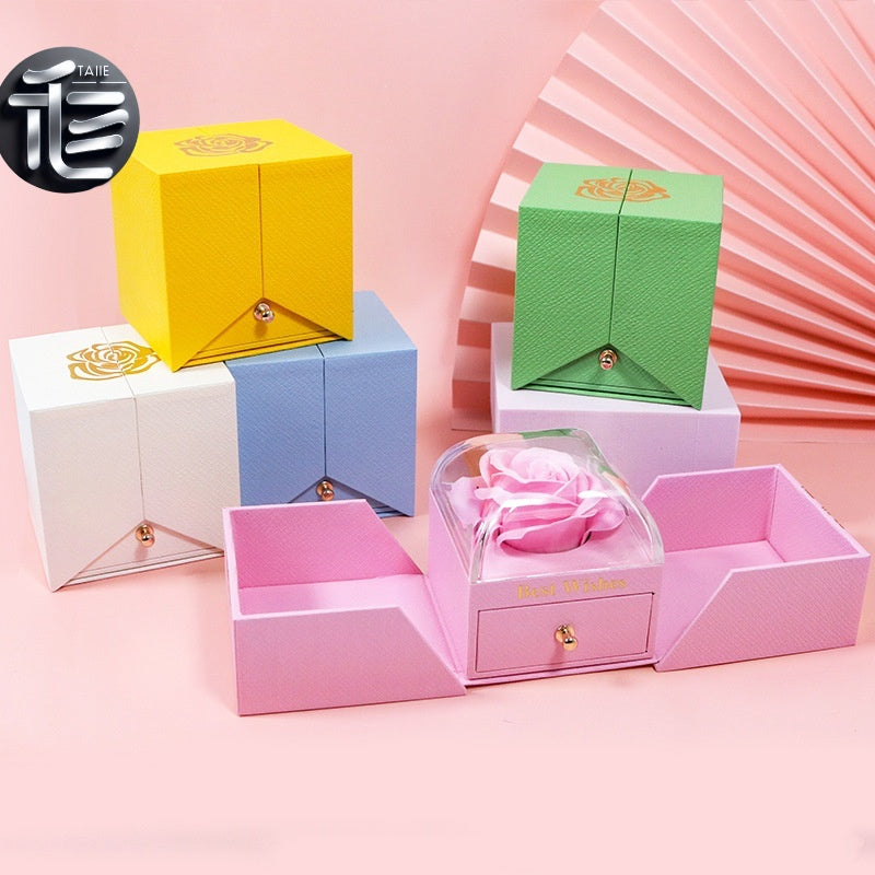 Rose Flower Jewelry Box Double Door Drawer – Transparent Lid Ring Case for Valentine's Day