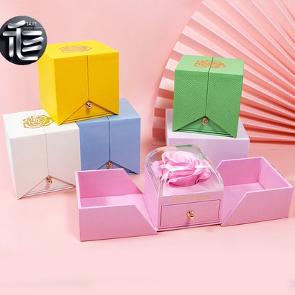 Rose Flower Jewelry Box Double Door Drawer – Transparent Lid Ring Case for Valentine's Day