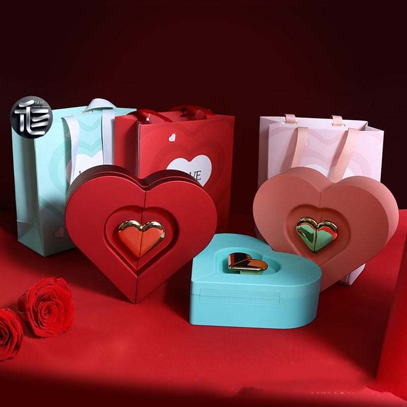 Heart Shaped Jewelry Box Double Open Gift Box with Rose & Gold Clasp for Valentine's Day