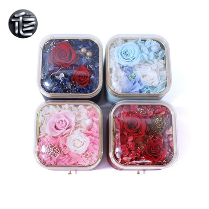 Preserved Rose Jewelry Box with Drawer – Acrylic Lid Ring Necklace Case for Her