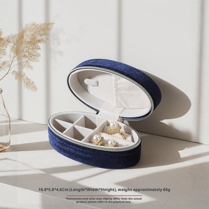 Velvet Oval Jewelry Box Zipper Travel Case – Ring Earring Organizer for Women
