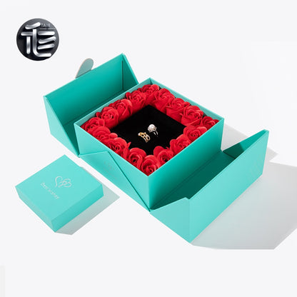 Preserved Rose Gift Box 16 Red Roses Double Door Jewelry Holder w/ Gift Bag for Her