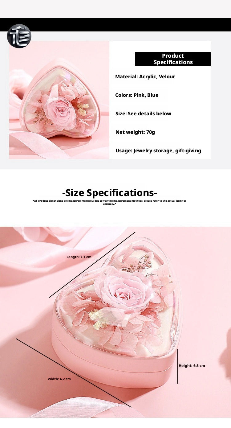 Heart Shape Jewelry Box Preserved Flower Ring Necklace Case Gift for Her Valentine Proposal Wedding