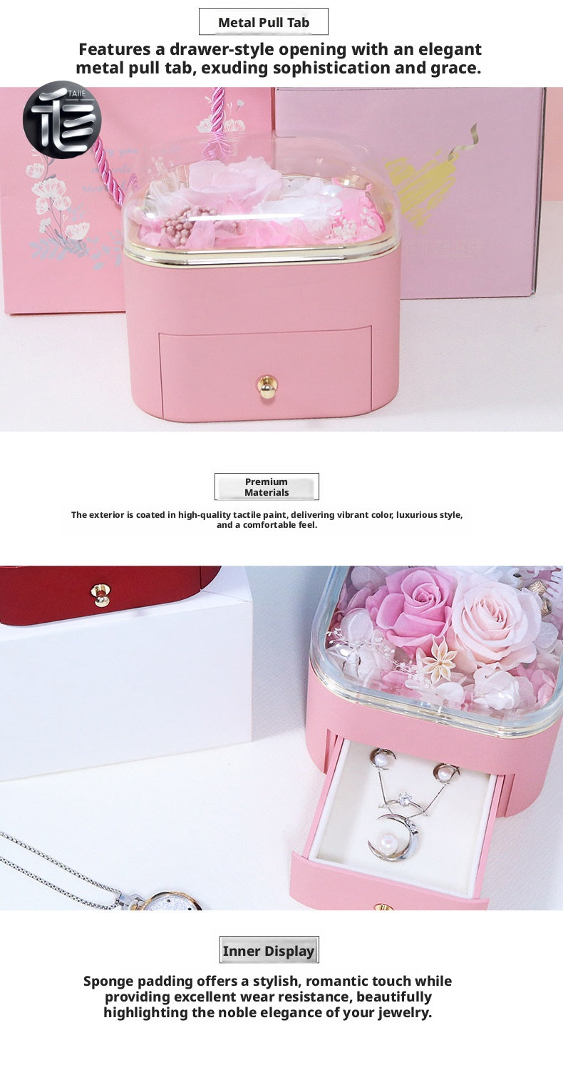 Preserved Rose Jewelry Box with Drawer – Acrylic Lid Ring Necklace Case for Her