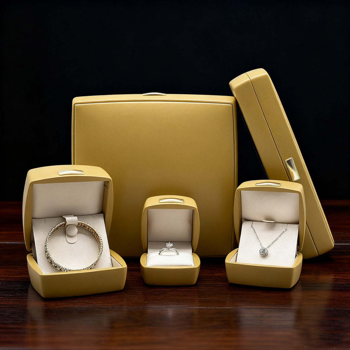 5pcs PU Leather Jewelry Box Set Gold Accent – Ring Necklace Bracelet Gift Case