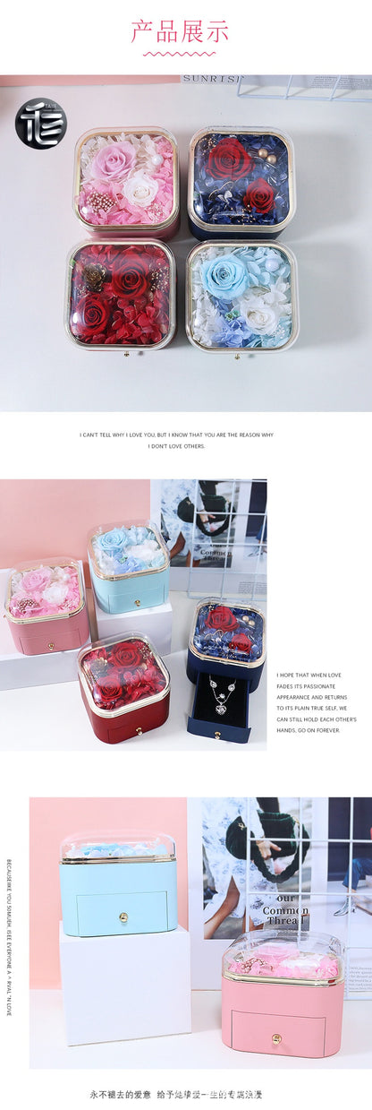 Preserved Rose Jewelry Box with Drawer – Acrylic Lid Ring Necklace Case for Her