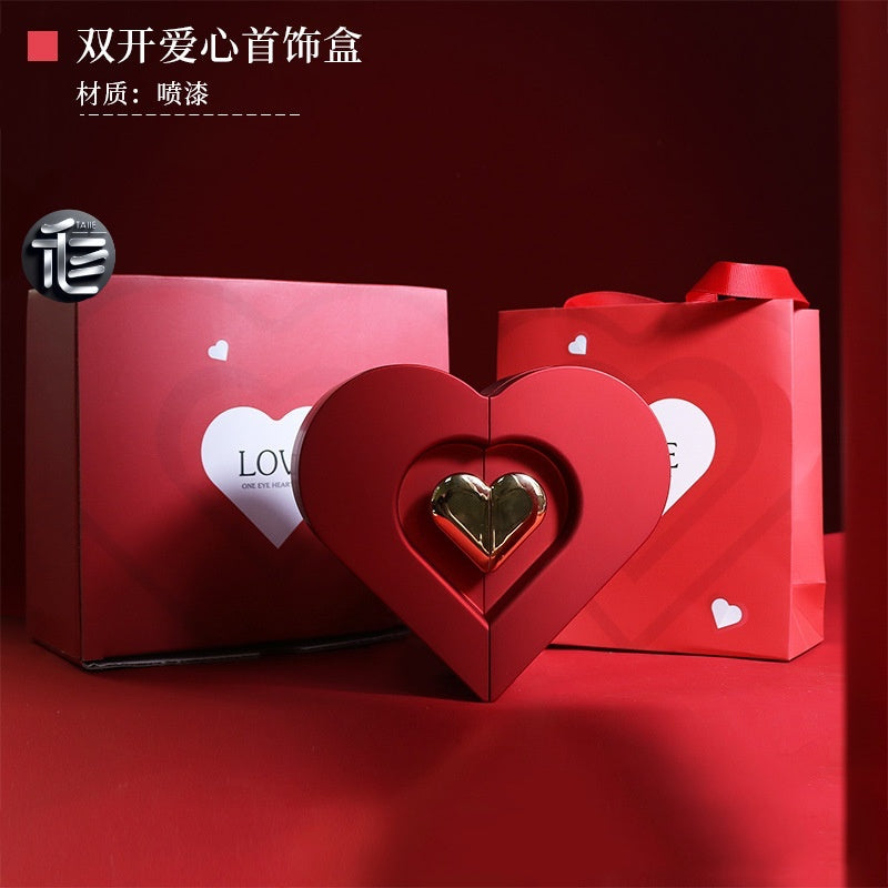 Heart Shaped Jewelry Box Double Open Gift Box with Rose & Gold Clasp for Valentine's Day