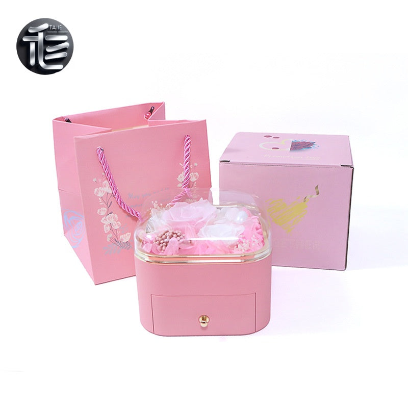 Preserved Rose Jewelry Box with Drawer – Acrylic Lid Ring Necklace Case for Her
