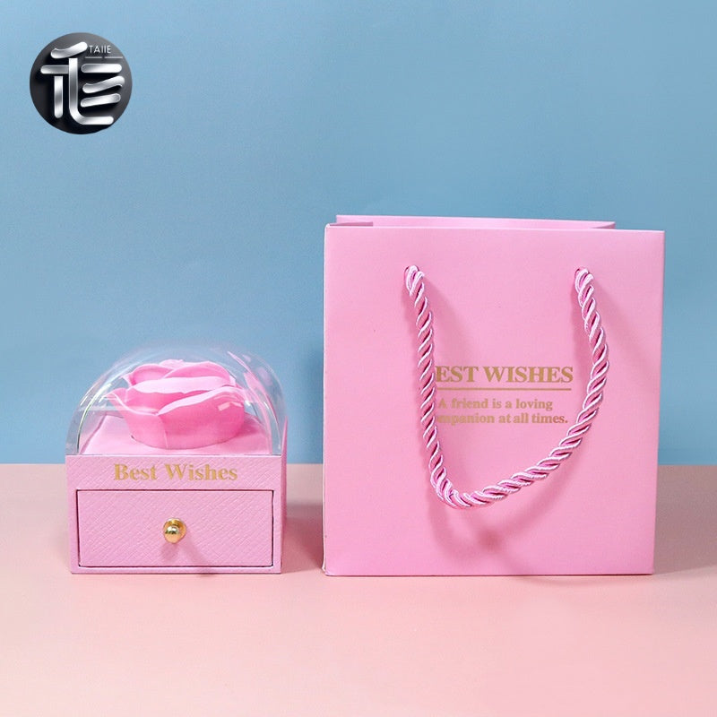 Rose Flower Jewelry Box with Drawer – Transparent Lid Ring Necklace Case for Valentine's Day Gift